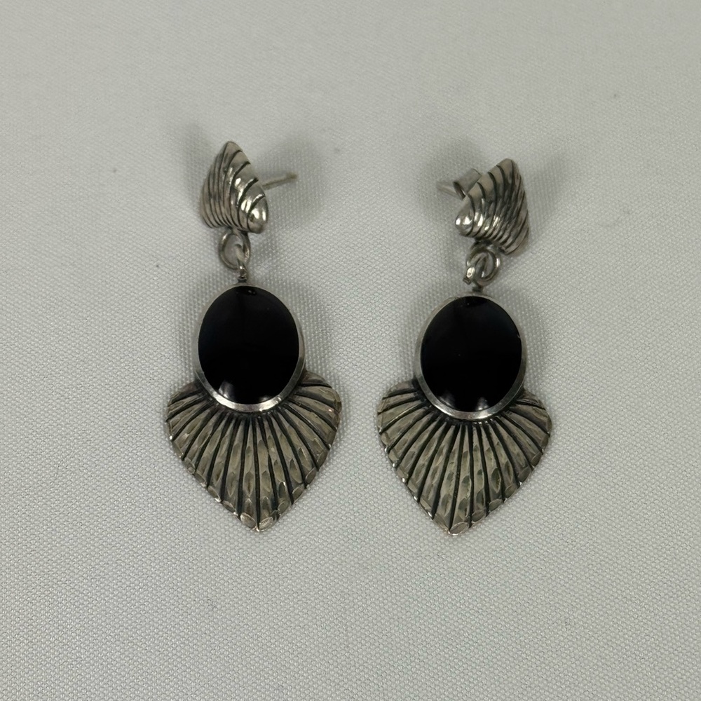 925 Sterling Silver Black Onyx Earrings, Diamond Cut Earrings‎